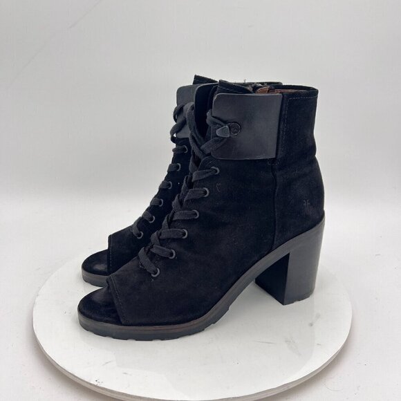 Frye 3478038 Women Size 9.5M Black Suede Side Zip Lace Up Heel Open Toe Boot - Picture 1 of 15